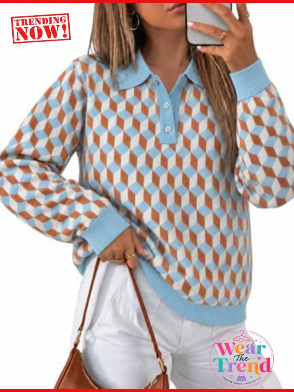 Women's Plaid Knit Polo Sweater Long Sleeve Relaxed Fit Fall Teacher Outfit